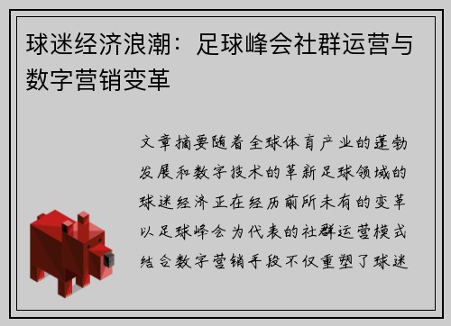 球迷经济浪潮：足球峰会社群运营与数字营销变革