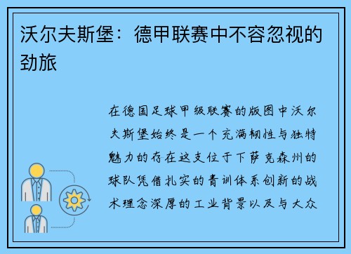 沃尔夫斯堡：德甲联赛中不容忽视的劲旅